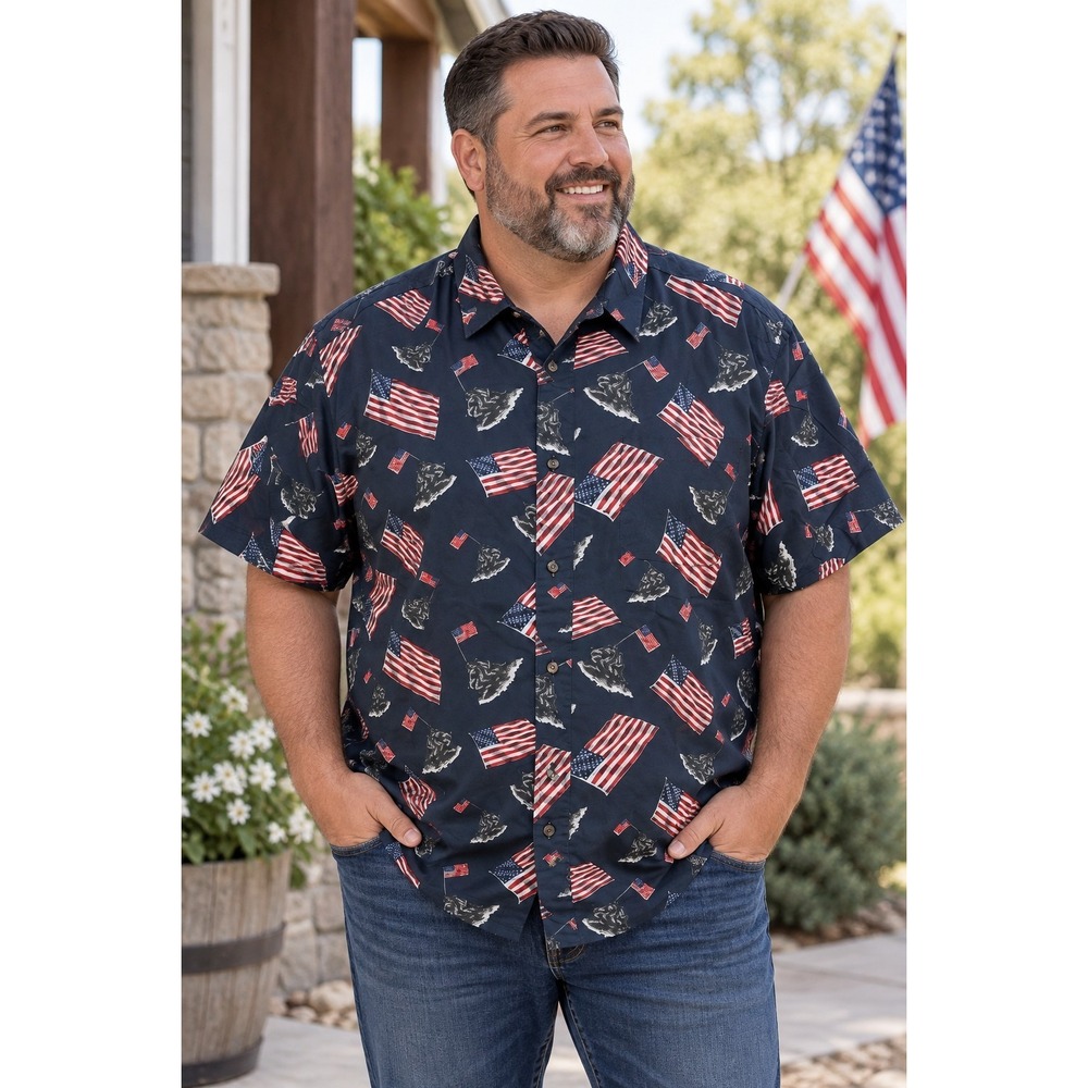 NWT KingSize Men's 2XL Big Hawaiian Shirt American Flag Patriotic Americana Navy